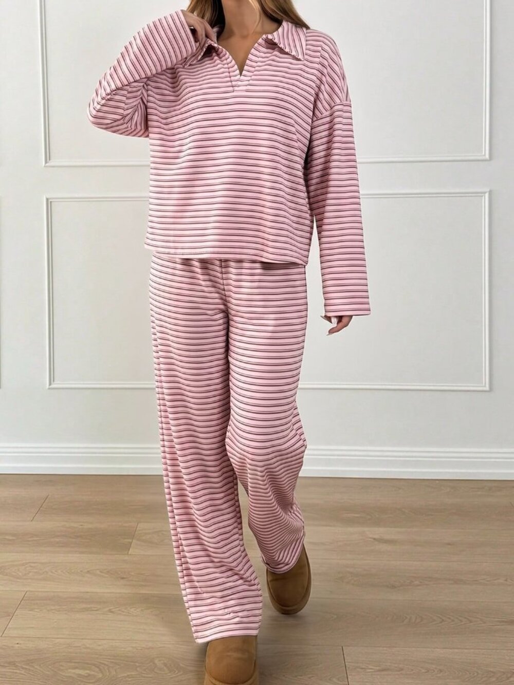 Pink Casual Women's Striped V-Neck Drop Shoulder Long Sleeve T-Shirt & Pants Set